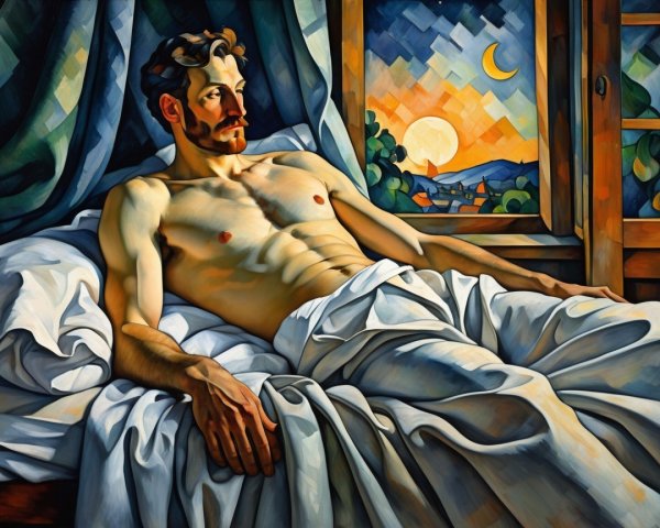 Man with Mustache Contemplating by Sunset Window