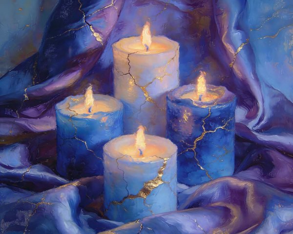 Oil Painting of Candles on Blue Silk Cloth
