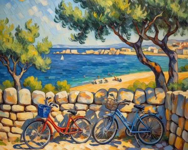 Coastal Scene with Bicycles and Sandy Beach