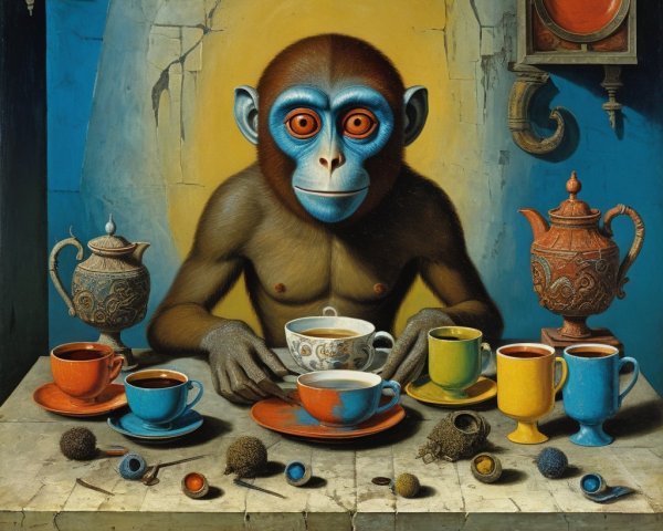 Surreal Scene of a Monkey with Blue Eyes and Teacups