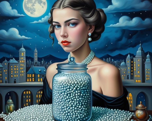 Elegant Woman in Black Dress Against City Nightscape