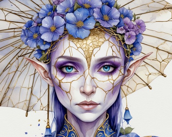 Elegant Portrait with Floral Embellishments and Parasol