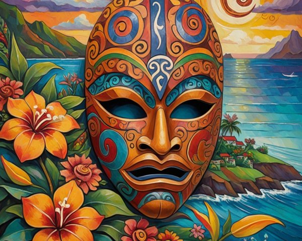 Vibrant Mask Surrounded by Tropical Landscape and Flowers