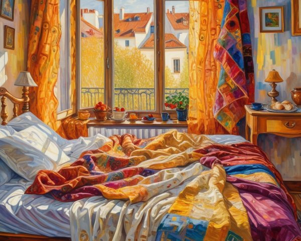 Cozy Bedroom with Warm Sunlight and Autumn View