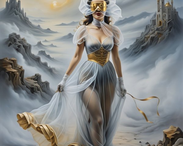 Mystical Figure in Sheer Gown in Ethereal Landscape