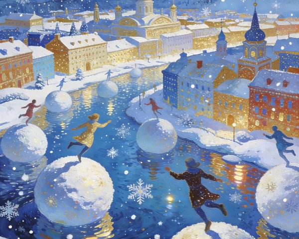 Snowy Historic City at Night with Golden Domes