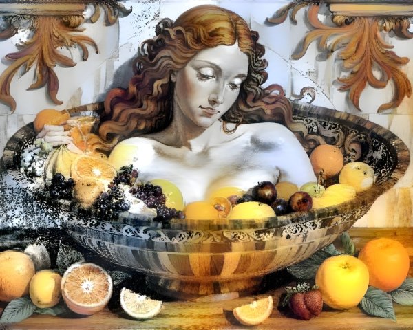 Classical Woman with Red Hair Surrounded by Fruits