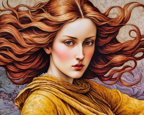 Young woman in yellow shawl with floral background