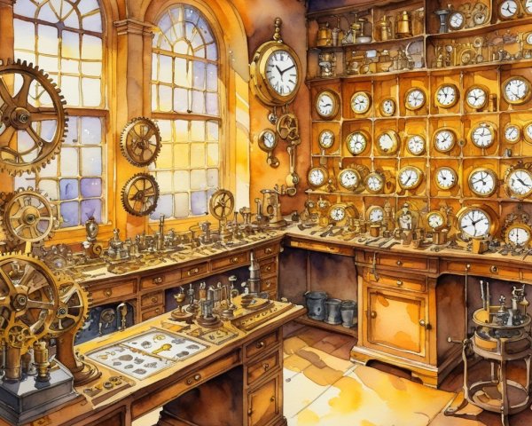 Detailed Watercolor of an Antique Watchmaker's Workshop