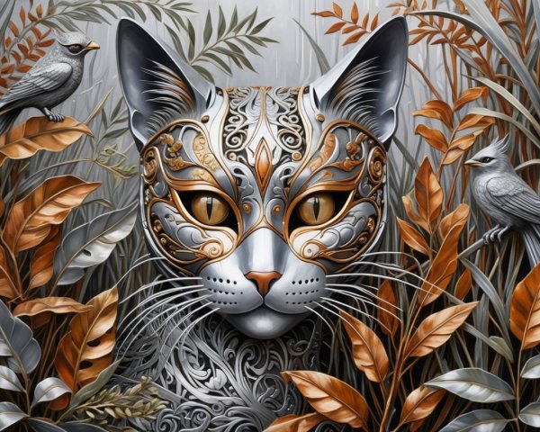Stylized feline figure with metallic patterns and mask