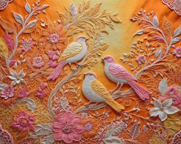 Vibrant Textile Art with Embroidered Birds and Flowers