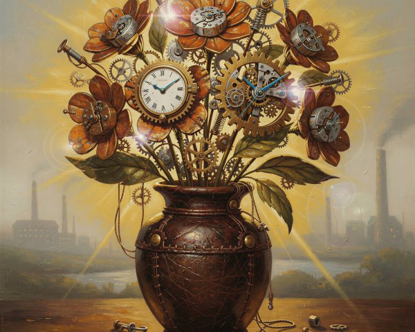 Steampunk Oil Painting of Mechanical Flower Bouquet