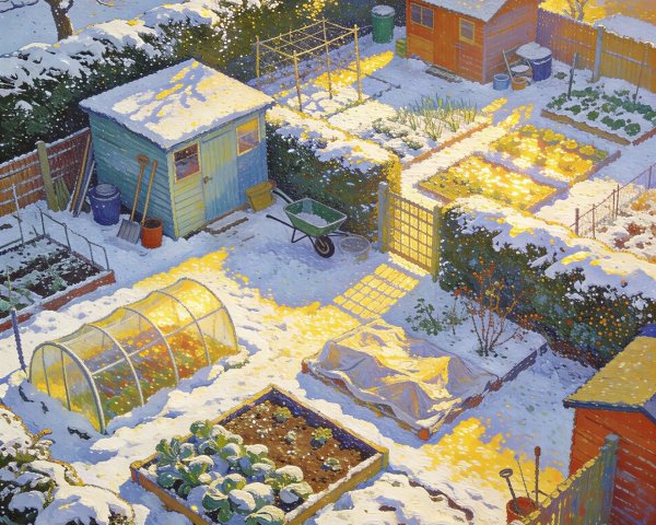 Oil Painting of a Winter Garden at Sunrise