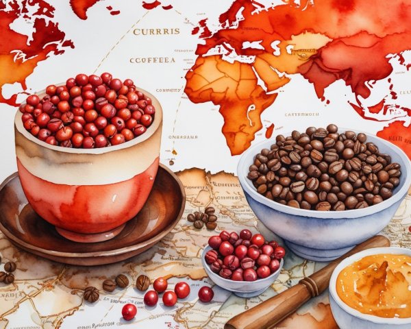 Watercolor Art of Coffee Beans and Berries on Map