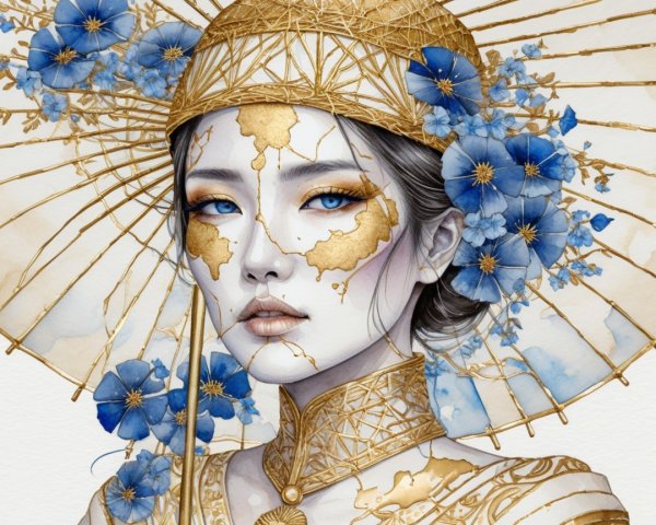 Portrait of a woman with golden headdress and flowers