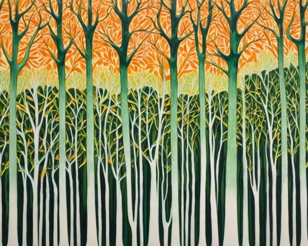 Dense Forest Scene with Vibrant Color Contrast