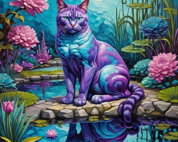 Majestic Cat by Serene Pond with Vibrant Flowers