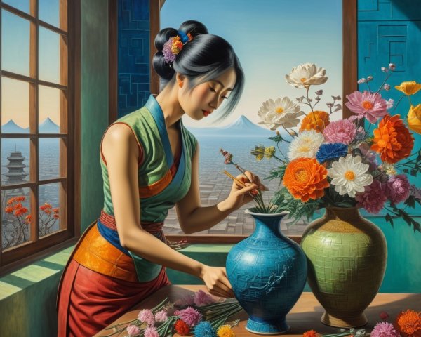 Woman in Traditional Outfit Arranging Vibrant Flowers