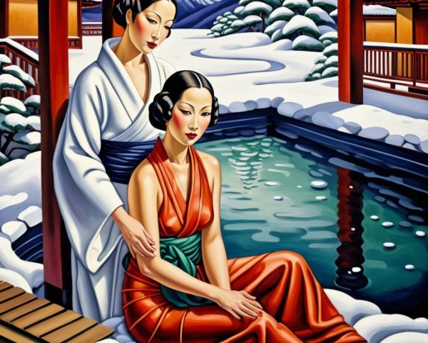 Elegantly Dressed Women in Snowy Hot Spring Scene