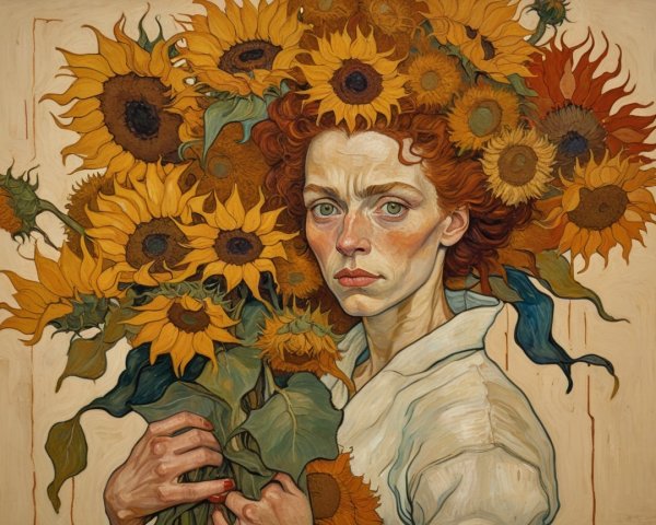 Woman with Red Curls and Sunflower Bouquet