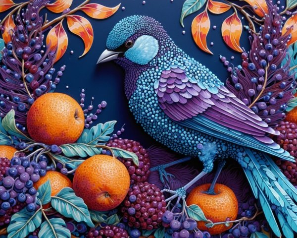 Vibrant Bird with Blue and Purple Feathers Among Fruits