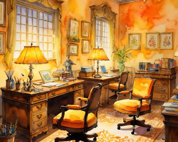 Brightly Lit Ornate Room with Warm Colors and Desks