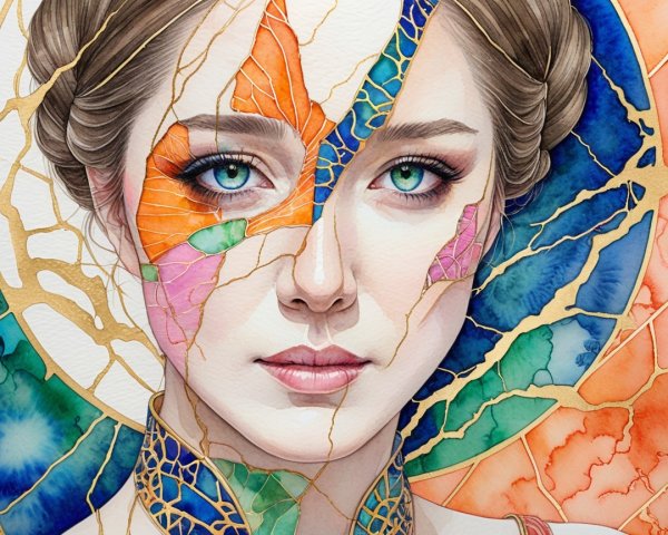 Portrait of a Young Woman with Colorful Fractured Design