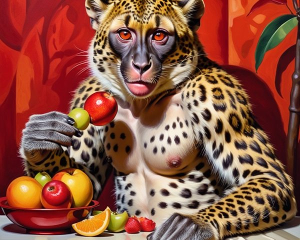 Leopard-Print Monkey with Fruits in Vibrant Scene