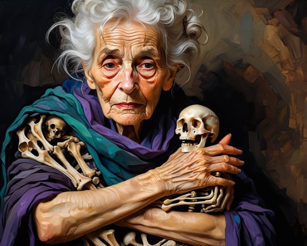Elderly Woman in Blue and Purple Garment with Skeletons