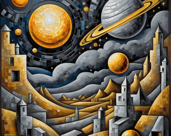 Surreal Cosmic Landscape with Two Suns and Saturn-like Planet