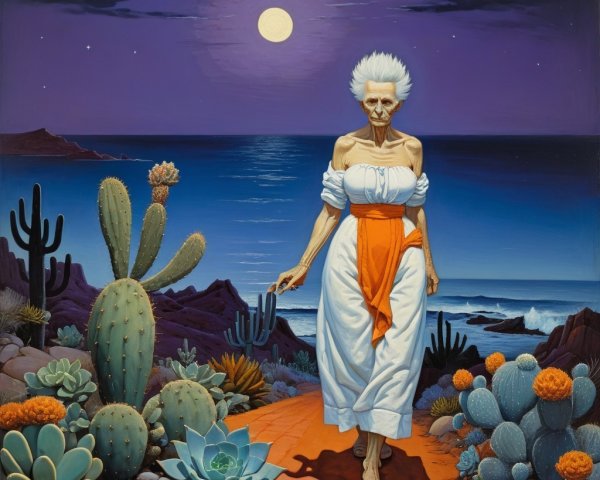 Elderly Woman Walking in Colorful Desert Landscape