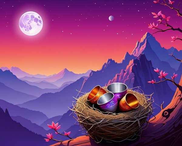 Tranquil Sunset with Moon and Cherry Blossoms Scene