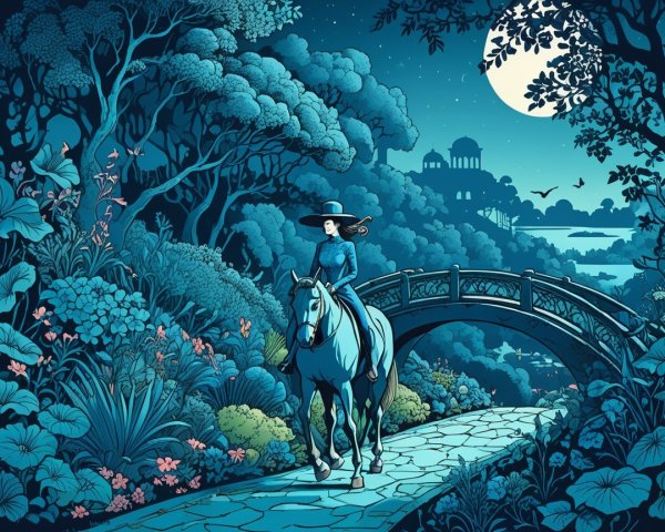 Moonlit Horse Ride Through Lush Foliage and Bridge