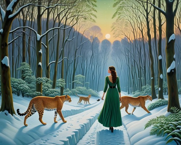 Woman in Green Dress with Cheetahs in Winter Forest