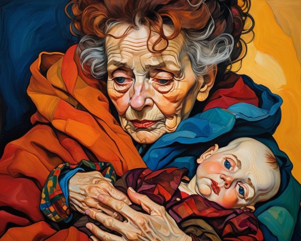 Elderly Woman with Doll in Colorful Shawl and Abstract Background