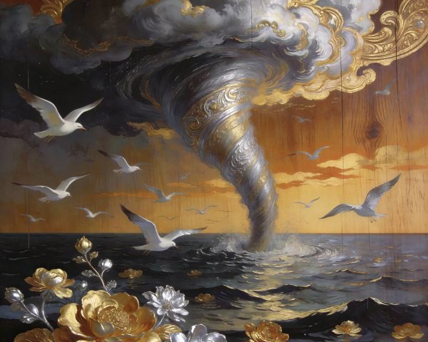 Ethereal Oil Painting of Tornado in Golden Hour Sky