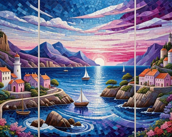 Vibrant Mosaic Coastal Landscape at Sunset