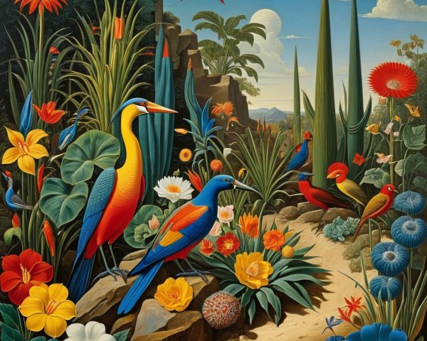 Vibrant Tropical Scene with Colorful Flora and Birds