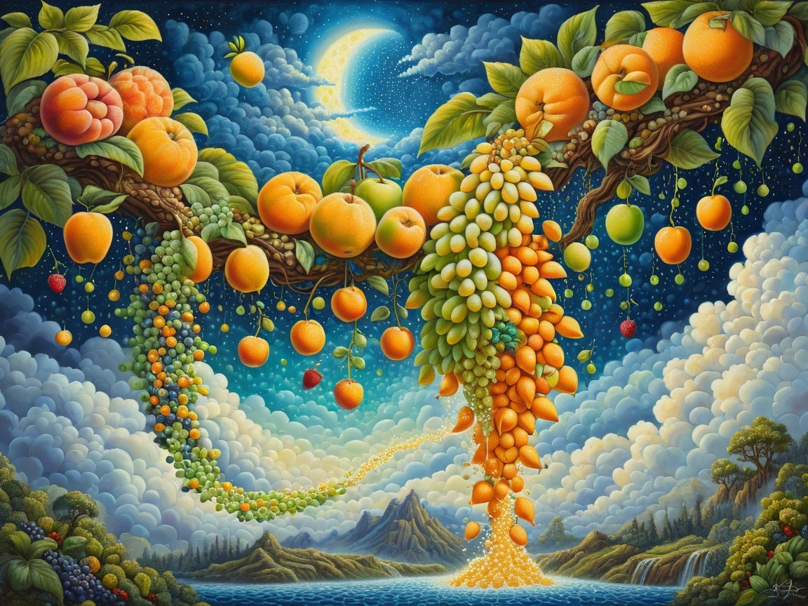 Vibrant Fruit Branches Over Tranquil Water Scene