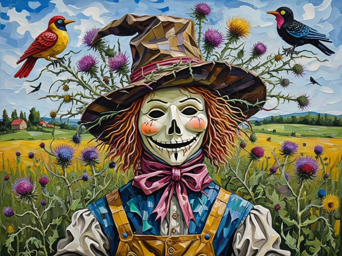 Whimsical Scarecrow in Colorful Countryside Setting