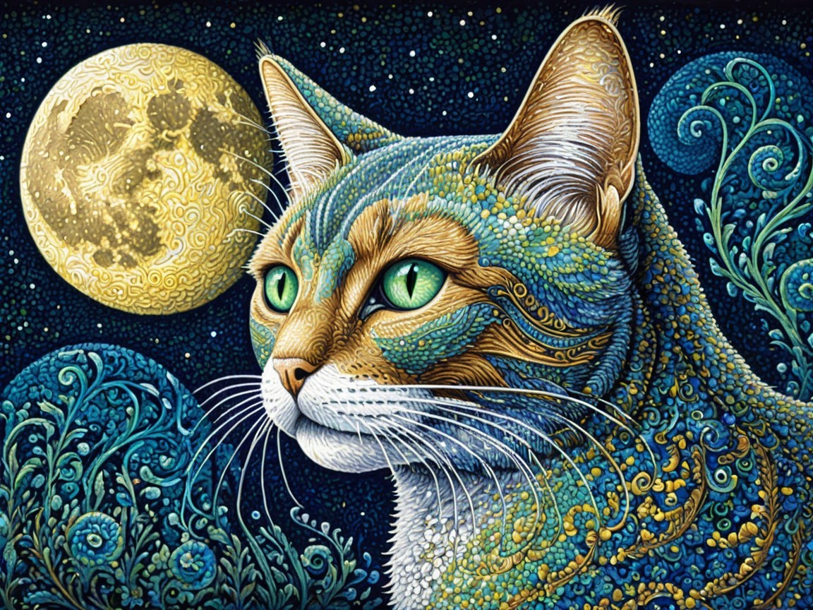 Illustration of a patterned cat against a starry sky