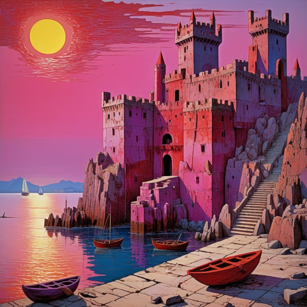 Vibrant Sunset Over Castle by Rocky Cliffs and Sea
