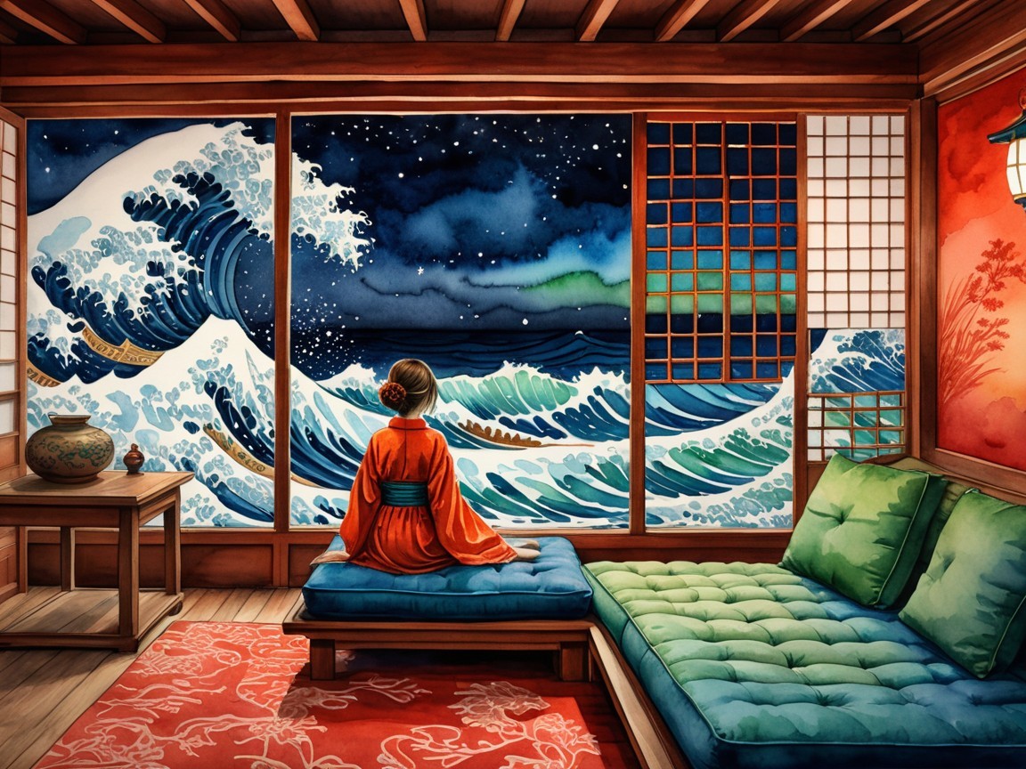 Japanese Room with Woman in Red Kimono and Wave Mural