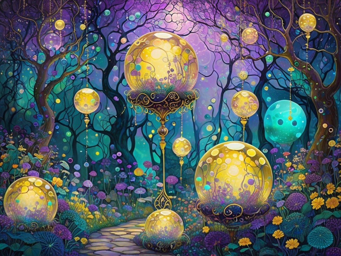 Mystical forest with golden orbs and vibrant flora