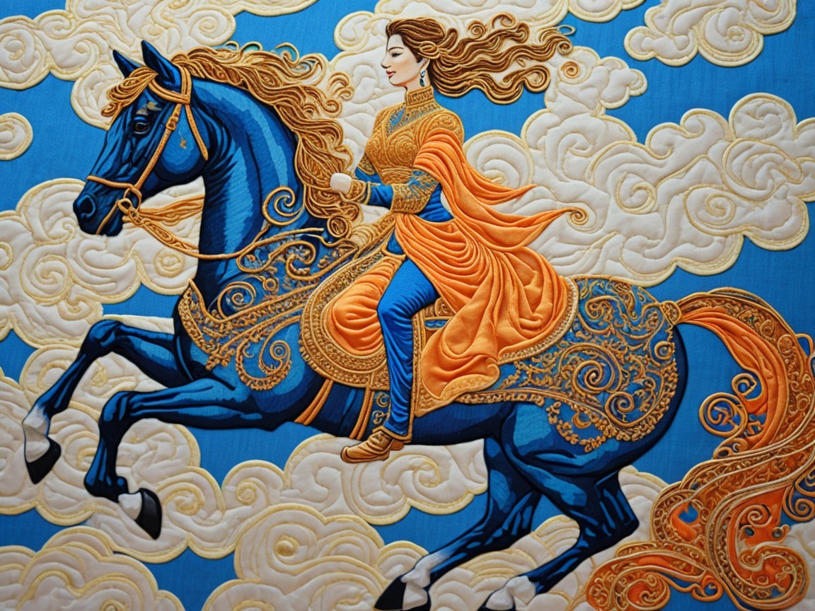 Embroidered Scene of Woman on Blue Horse with Clouds