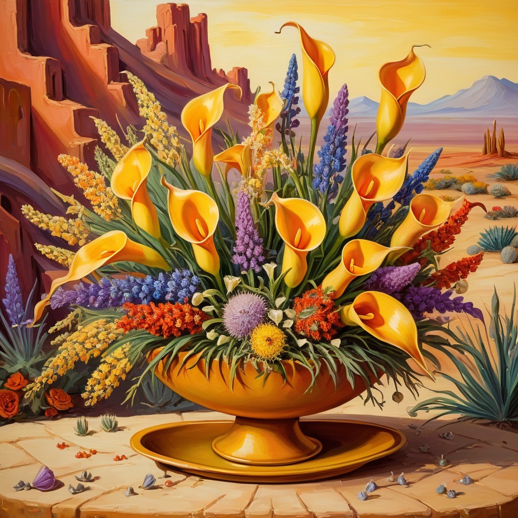 Vibrant Bouquet in Golden Bowl Against Desert Landscape