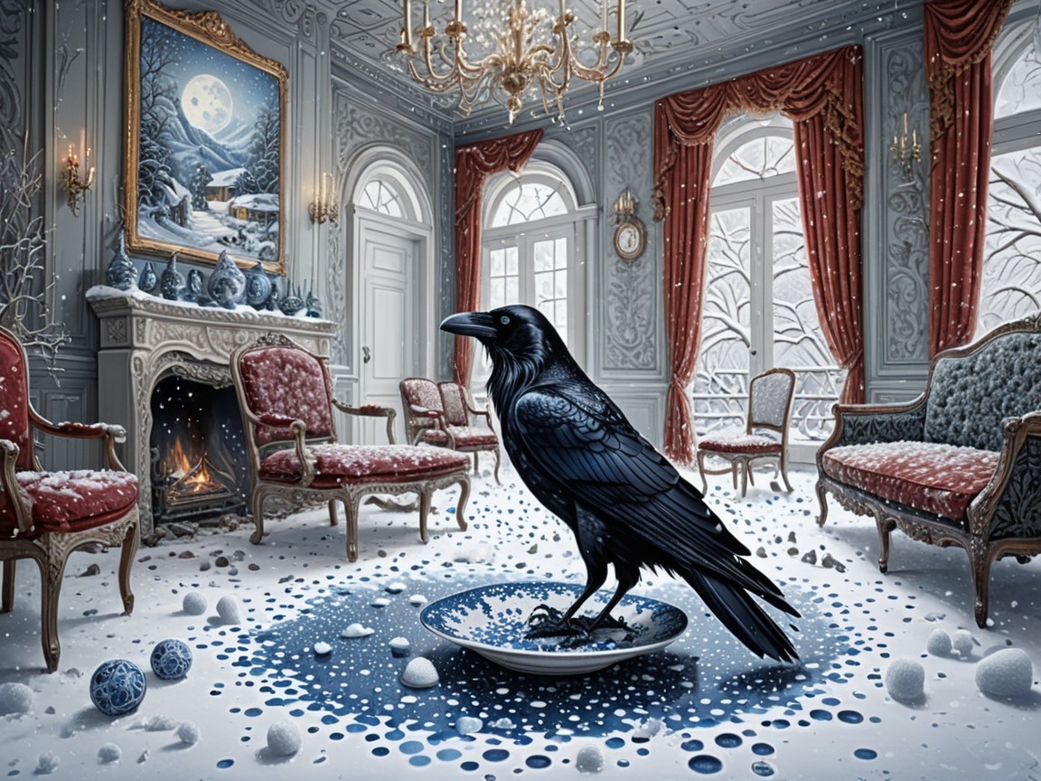 Opulent Room with Raven and Snowy Landscape Painting