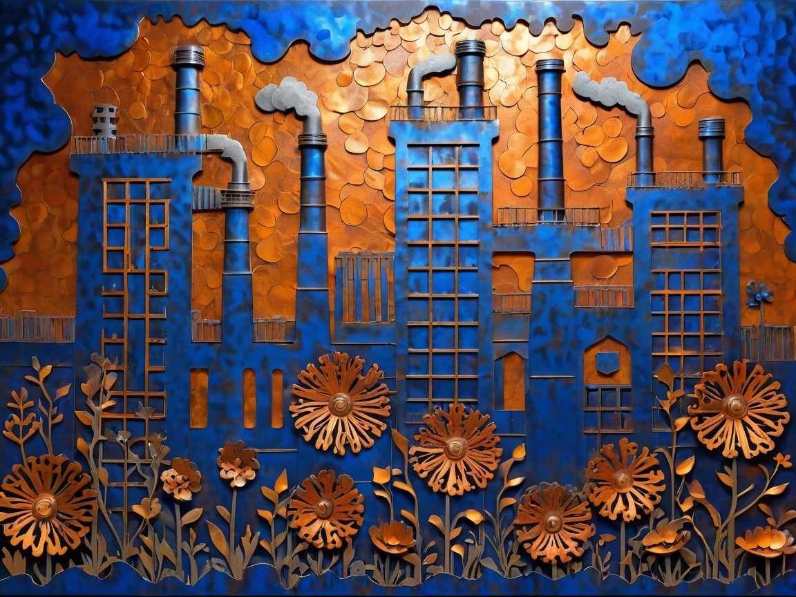 Vibrant Industrial Scene with Flowers and Textured Background
