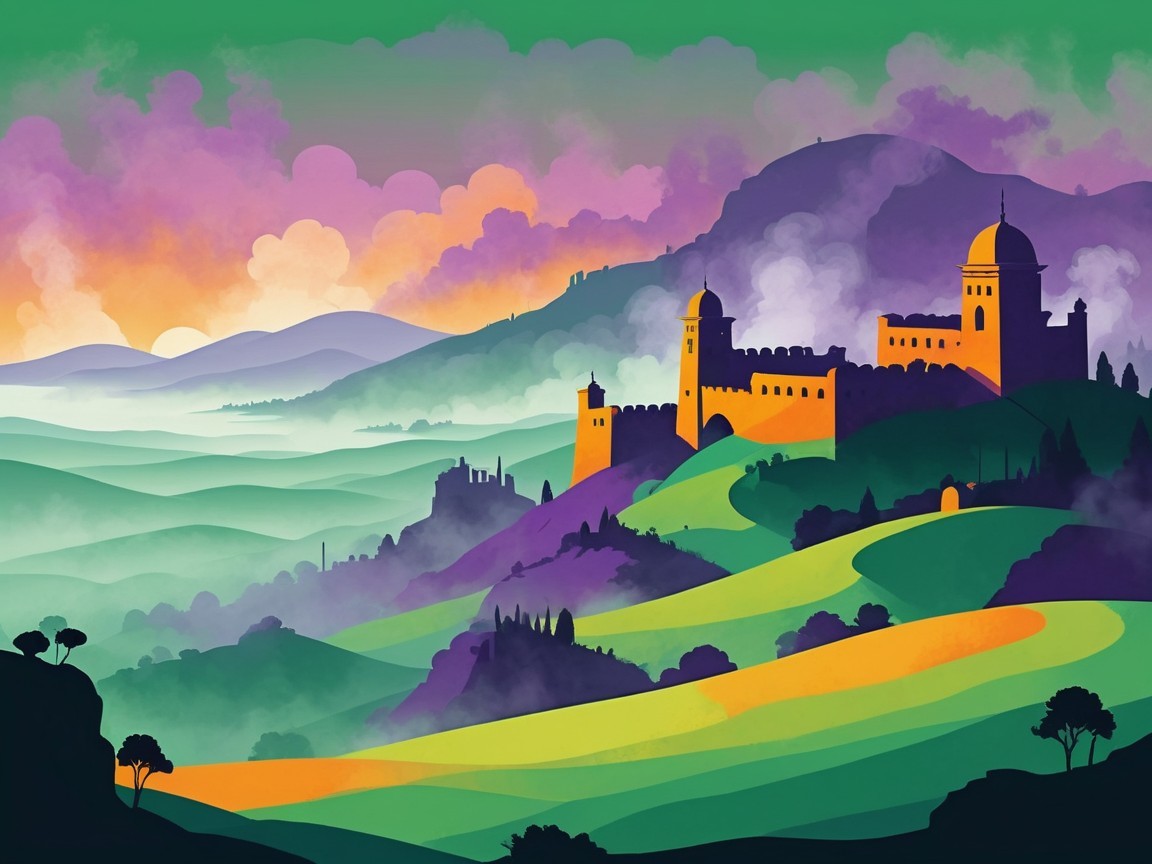 Vibrant landscape with castle and sunset sky