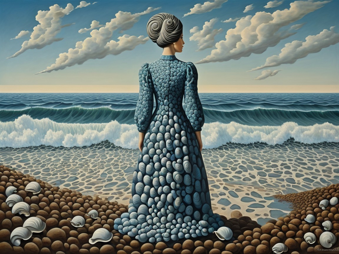 Serene Beach Scene with Seashell Dress and Waves